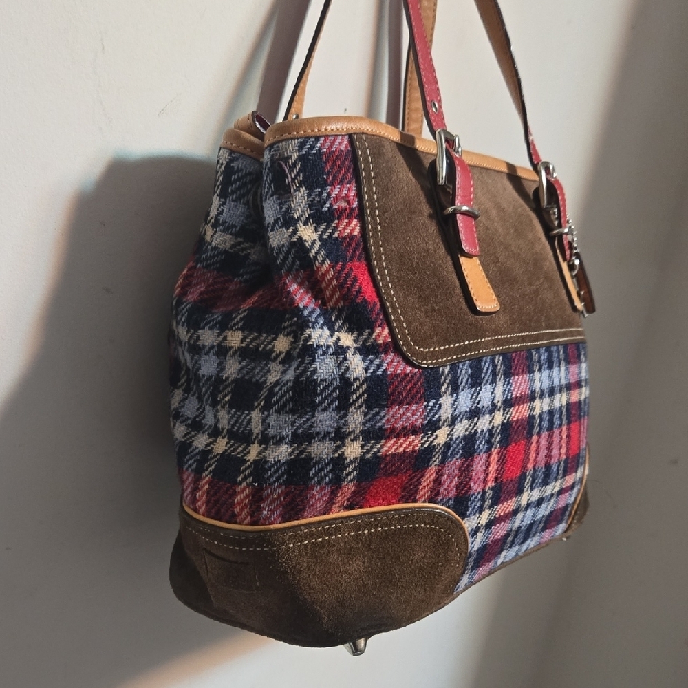 Coach Plaid Tote with Red and Brown Leather - Picture 4 of 16